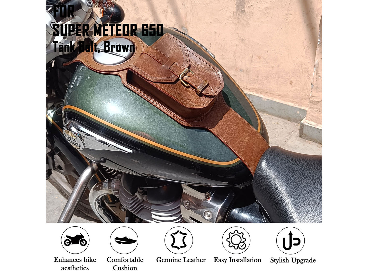 For Royal Enfield Super Meteor 650 Brown Leather Fuel Gas Tank Belt