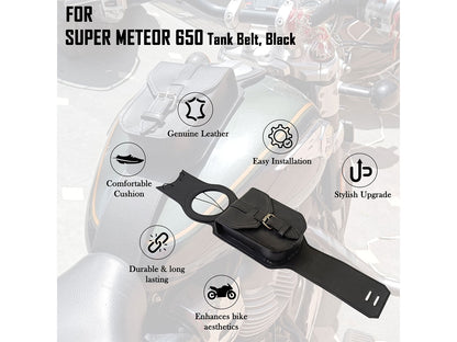 For Royal Enfield Super Meteor 650 Black Leather Fuel Gas Tank Belt