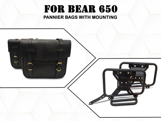For Royal Enfield Bear 650 Leather Black Color Pannier Bags & Mounting