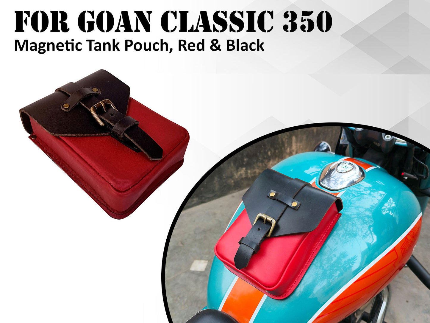 For Royal Enfield Goan Classic 350 Leather Magnetic Tank Pouch Red & Black