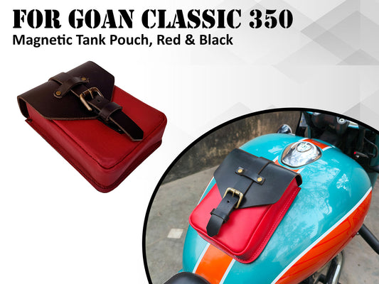 For Royal Enfield Goan Classic 350 Leather Magnetic Tank Pouch Red & Black