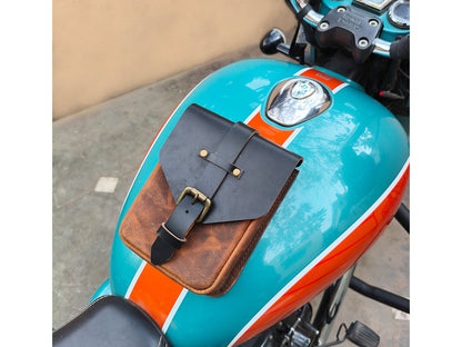 For Royal Enfield Goan Classic 350 Leather Magnetic Tank Pouch Tobacco & Black