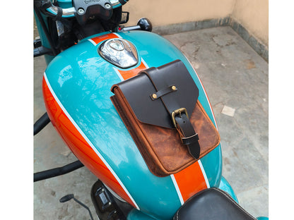 For Royal Enfield Goan Classic 350 Leather Magnetic Tank Pouch Tobacco & Black