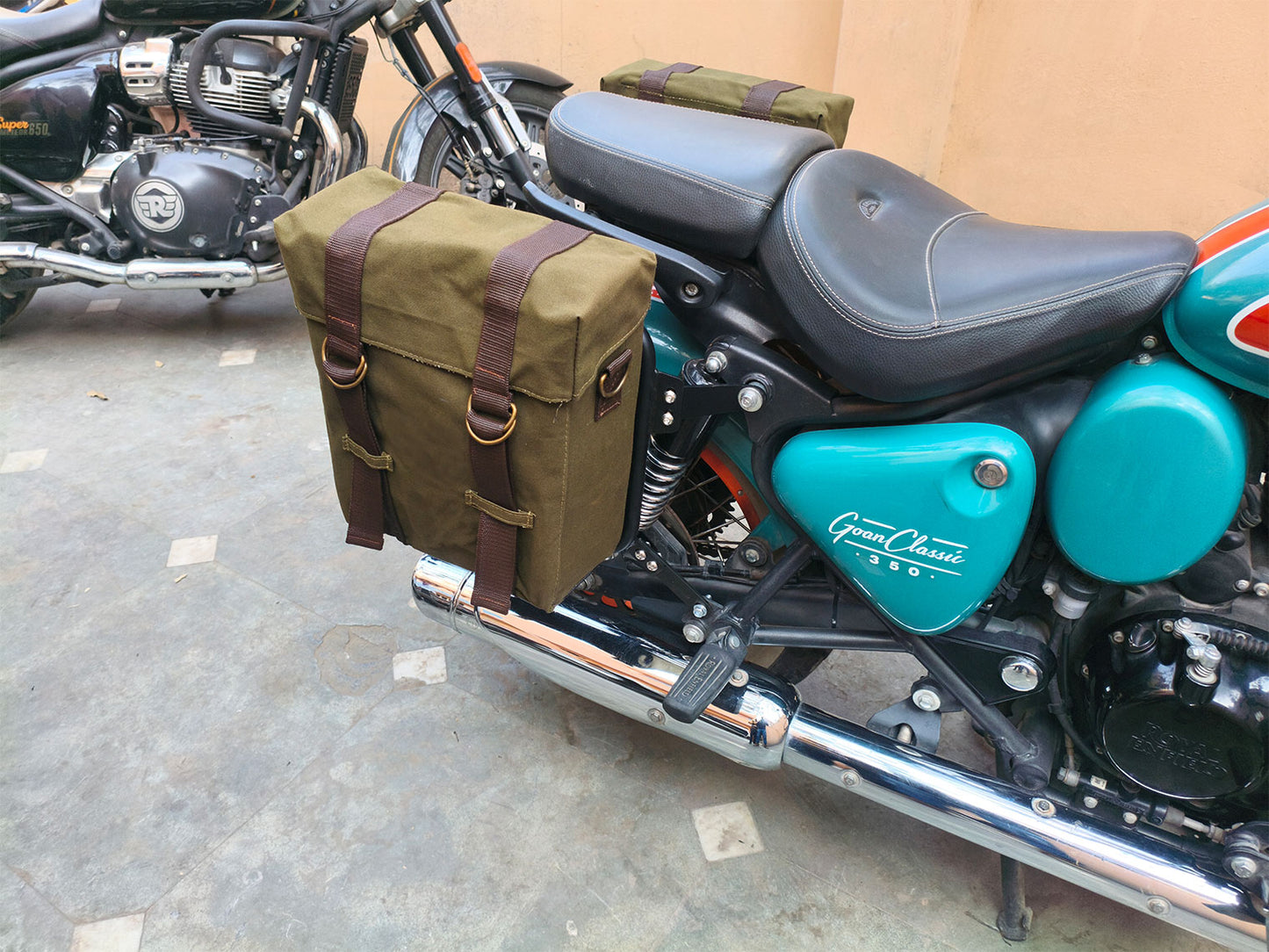 For Royal Enfield Goan Classic 350 Military Pannier Bags Olive Color & Mounting