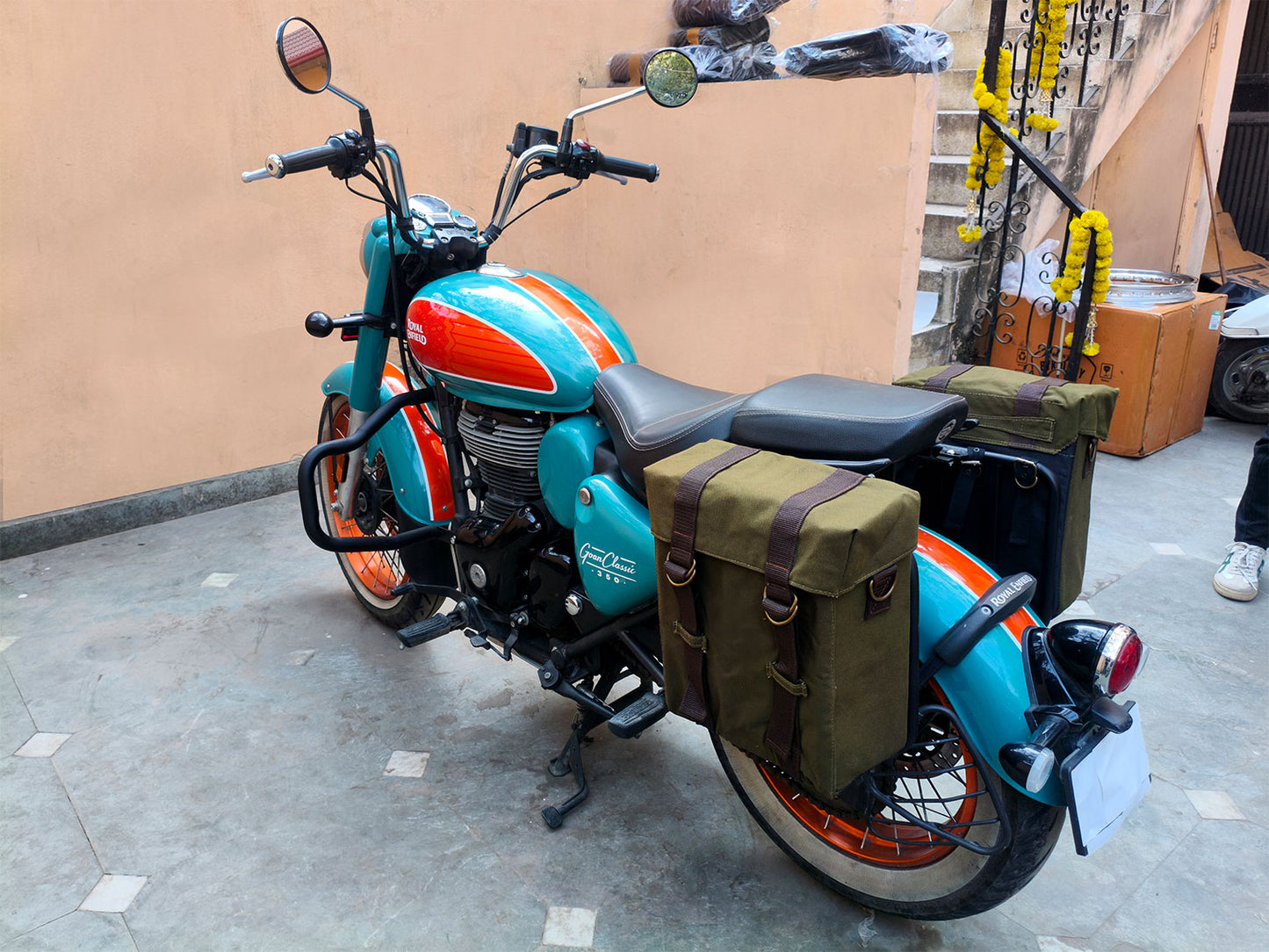 For Royal Enfield Goan Classic 350 Military Pannier Bags Olive Color & Mounting
