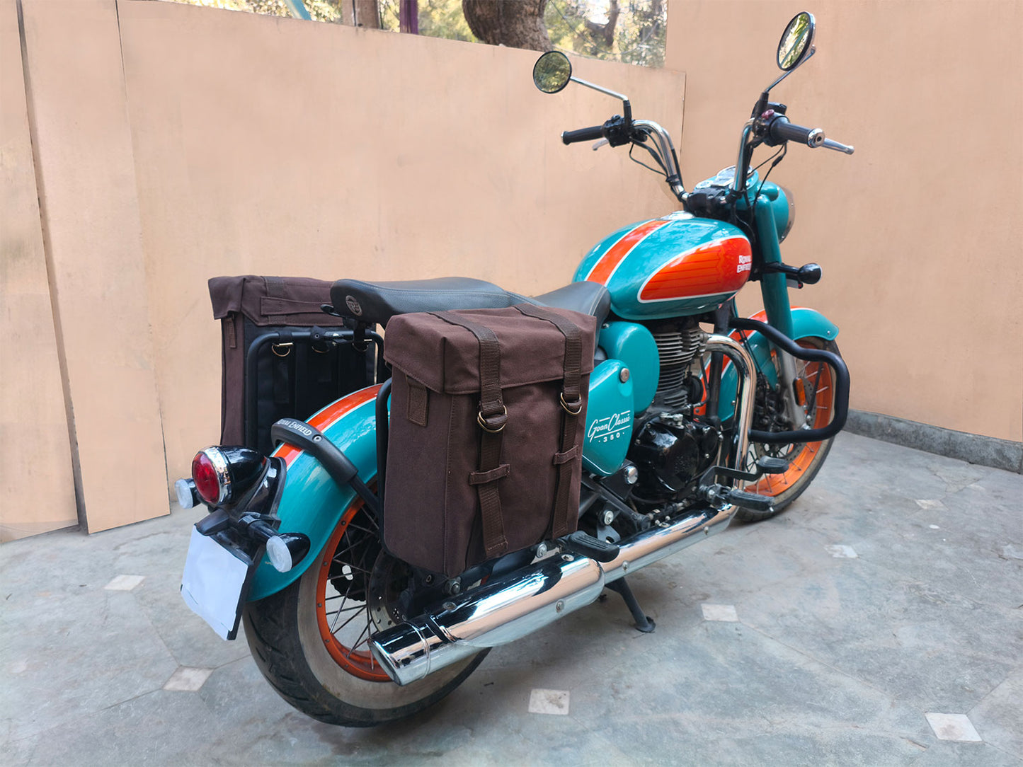 For Royal Enfield Goan Classic 350 Military Pannier Bags Coffee Brown & Mounting