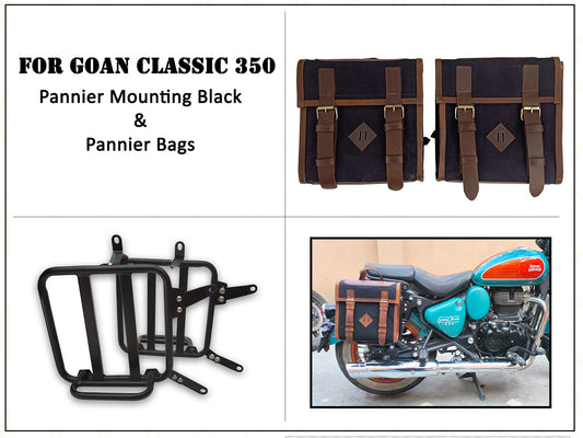 For Royal Enfield Goan Classic 350 Leather & Canvas Pannier Bags & Mounting D13