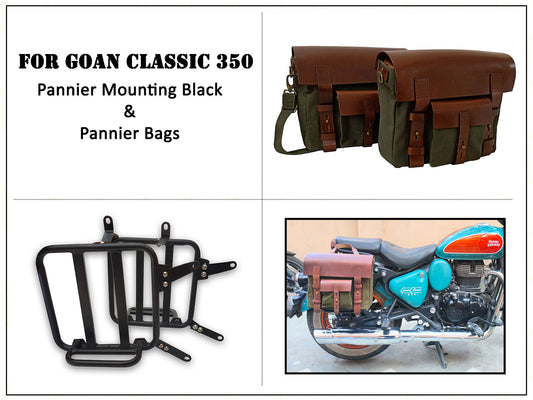 For Royal Enfield Goan Classic 350 Leather & Canvas Pannier Bags & Mounting D14