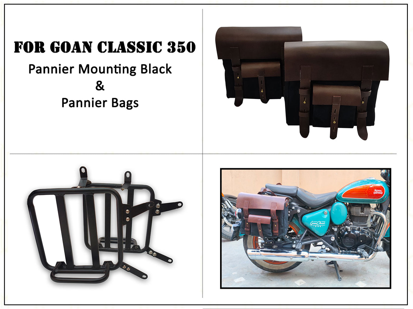 For Royal Enfield Goan Classic 350 Leather & Canvas Pannier Bags & Mounting D16