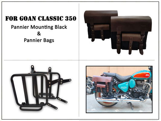 For Royal Enfield Goan Classic 350 Leather & Canvas Pannier Bags & Mounting D16