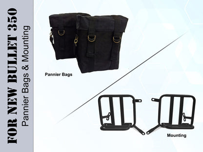 For Royal Enfield New Bullet 350 Military Pannier Bags Black Color & Mounting
