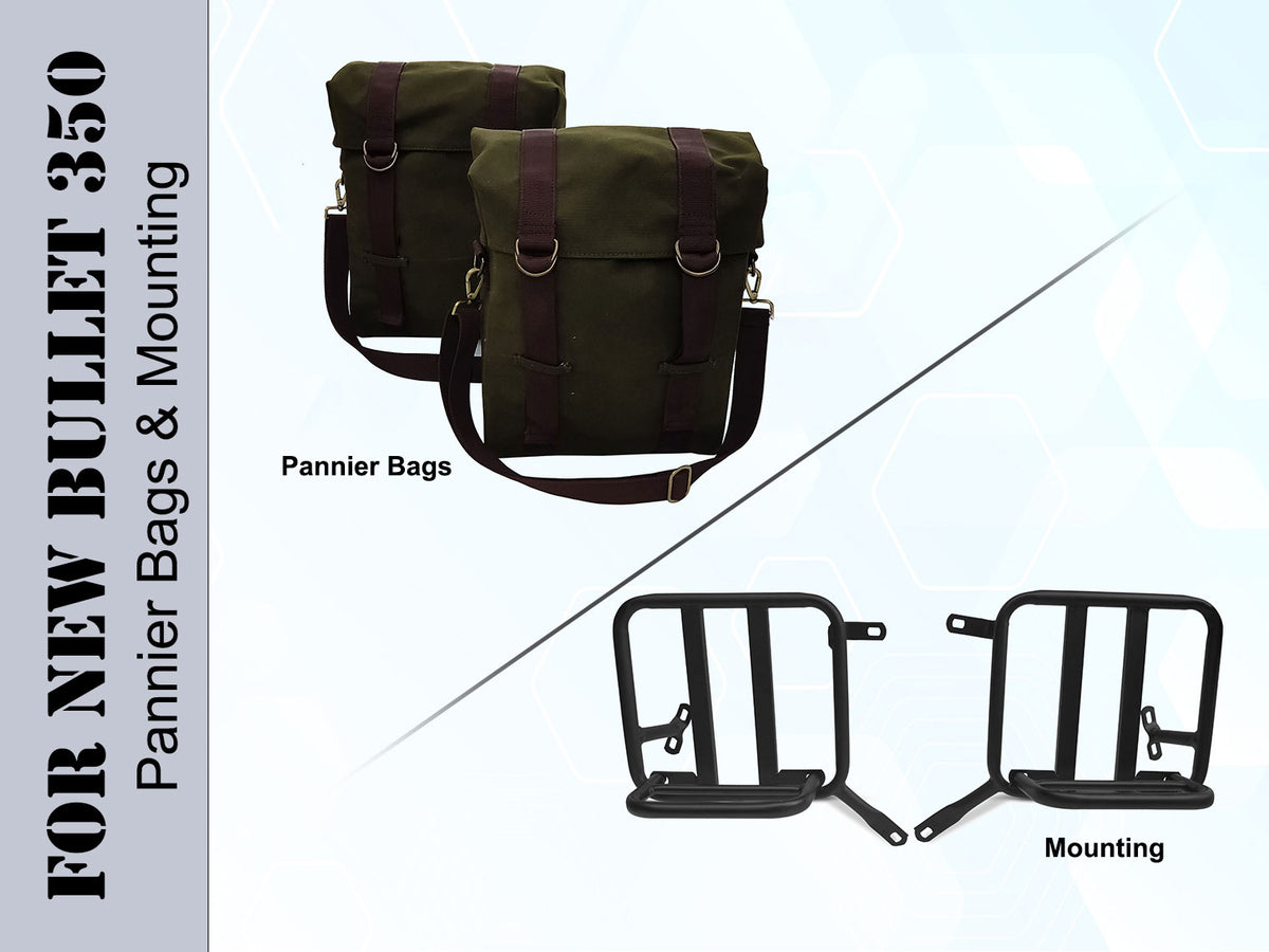 For Royal Enfield New Bullet 350 Military Pannier Bags Olive Color & Mounting