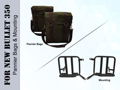 For Royal Enfield New Bullet 350 Military Pannier Bags Olive Color & Mounting