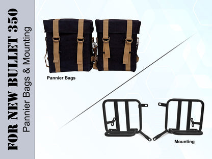 For Royal Enfield New Bullet 350 Military Pannier Bags Golden & Black & Mounting