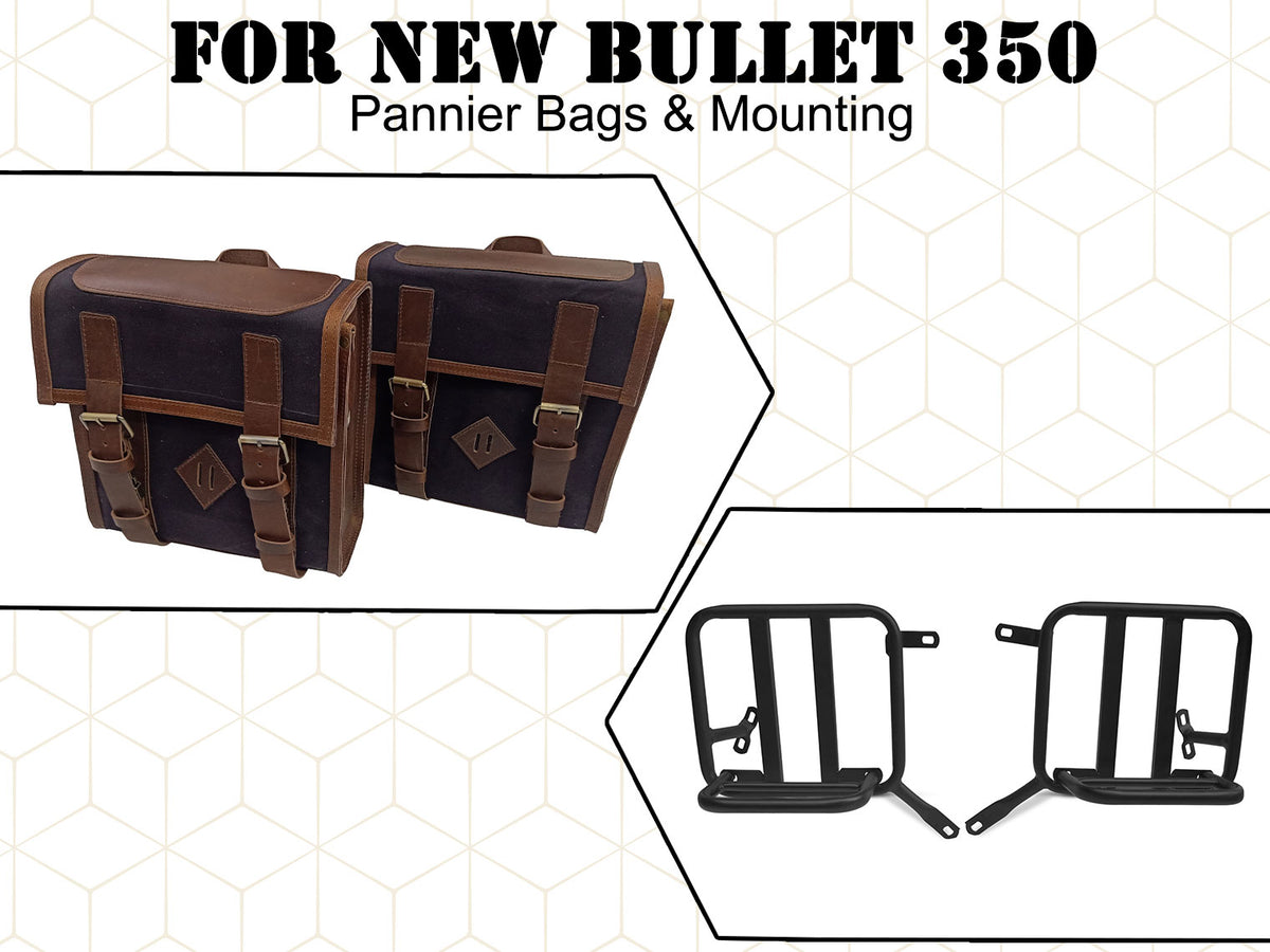 For Royal Enfield New Bullet 350 Canvas & Leather Pannier Bags With Mounting D16