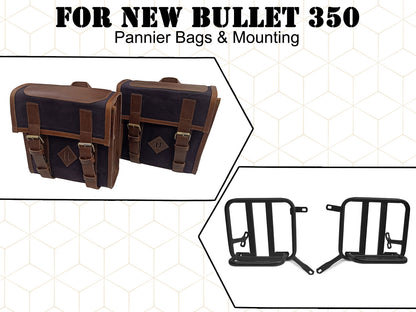 For Royal Enfield New Bullet 350 Canvas & Leather Pannier Bags With Mounting D16