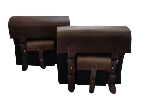 For Royal Enfield Classic Reborn 350 Leather & Canvas Pannier Bags Pair Black & Brown D2
