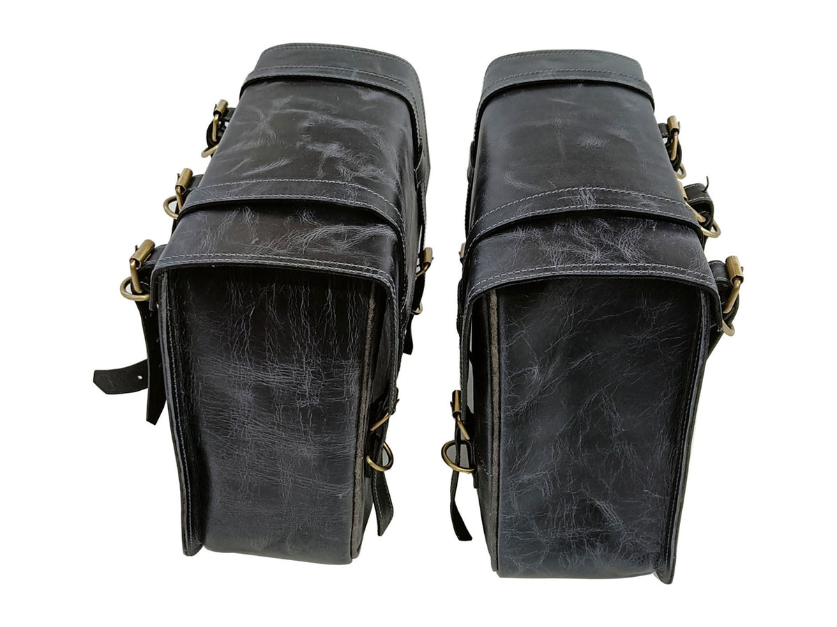 For Royal Enfield Classic Reborn 350 Genuine Leather Pannier Bags Grey Black D5