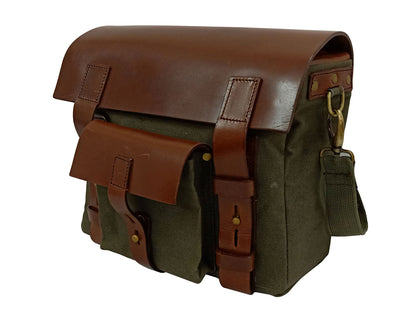 For Royal Enfield Classic Reborn 350 Leather & Canvas Pannier Bags Olive Green D8