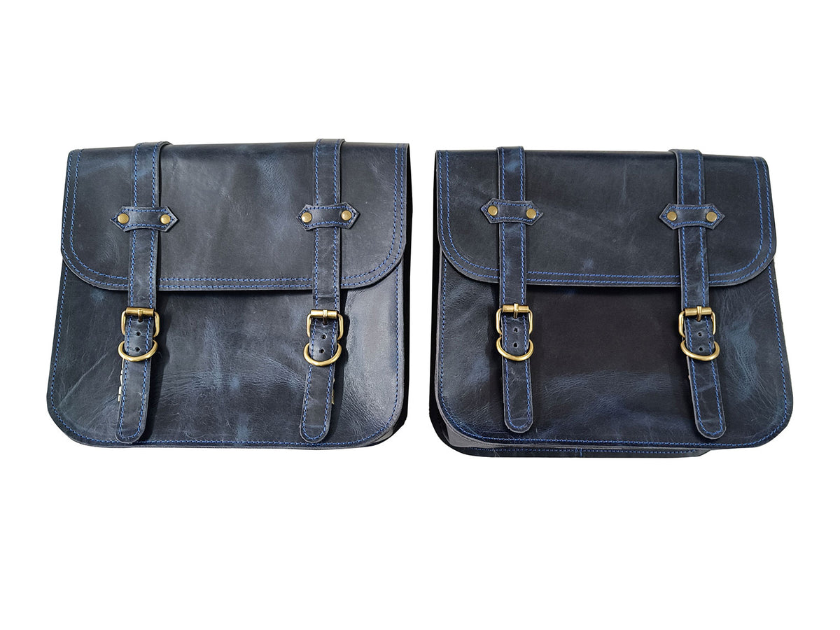 For Royal Enfield Classic Reborn 350 Genuine Leather Pannier Bags Navy Blue D10