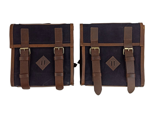 For Royal Enfield Classic Reborn 350 Leather & Canvas Pannier Bags Pair D11