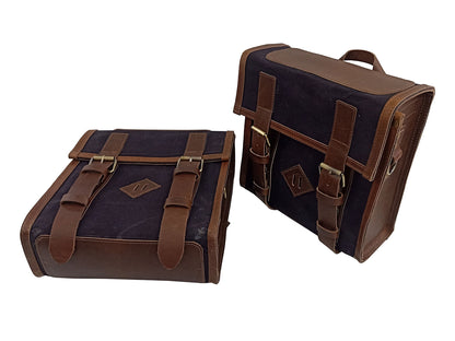 For Royal Enfield Classic Reborn 350 Leather & Canvas Pannier Bags Pair D11