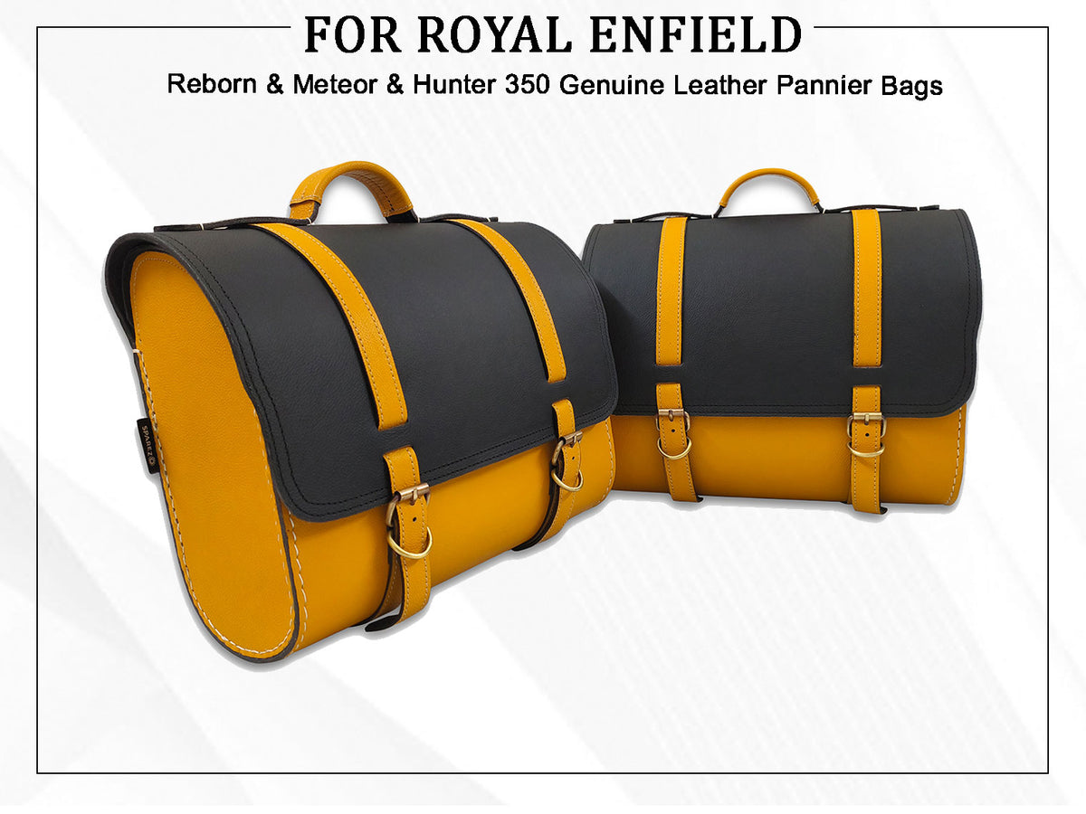For Royal Enfield Classic Reborn 350 Genuine Leather Pannier Bags Black & Yellow D16