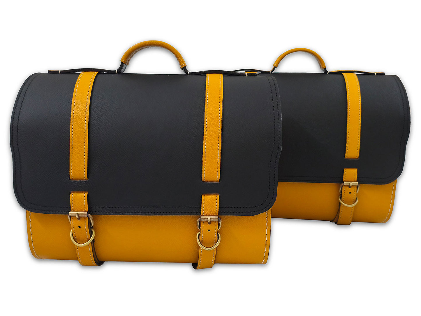 For Royal Enfield Classic Reborn 350 Genuine Leather Pannier Bags Black & Yellow D16