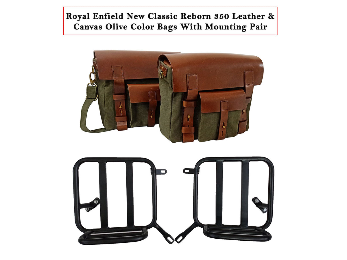 For Royal Enfield Classic Reborn 350 Leather & Canvas Pannier Bags And Mounting D4