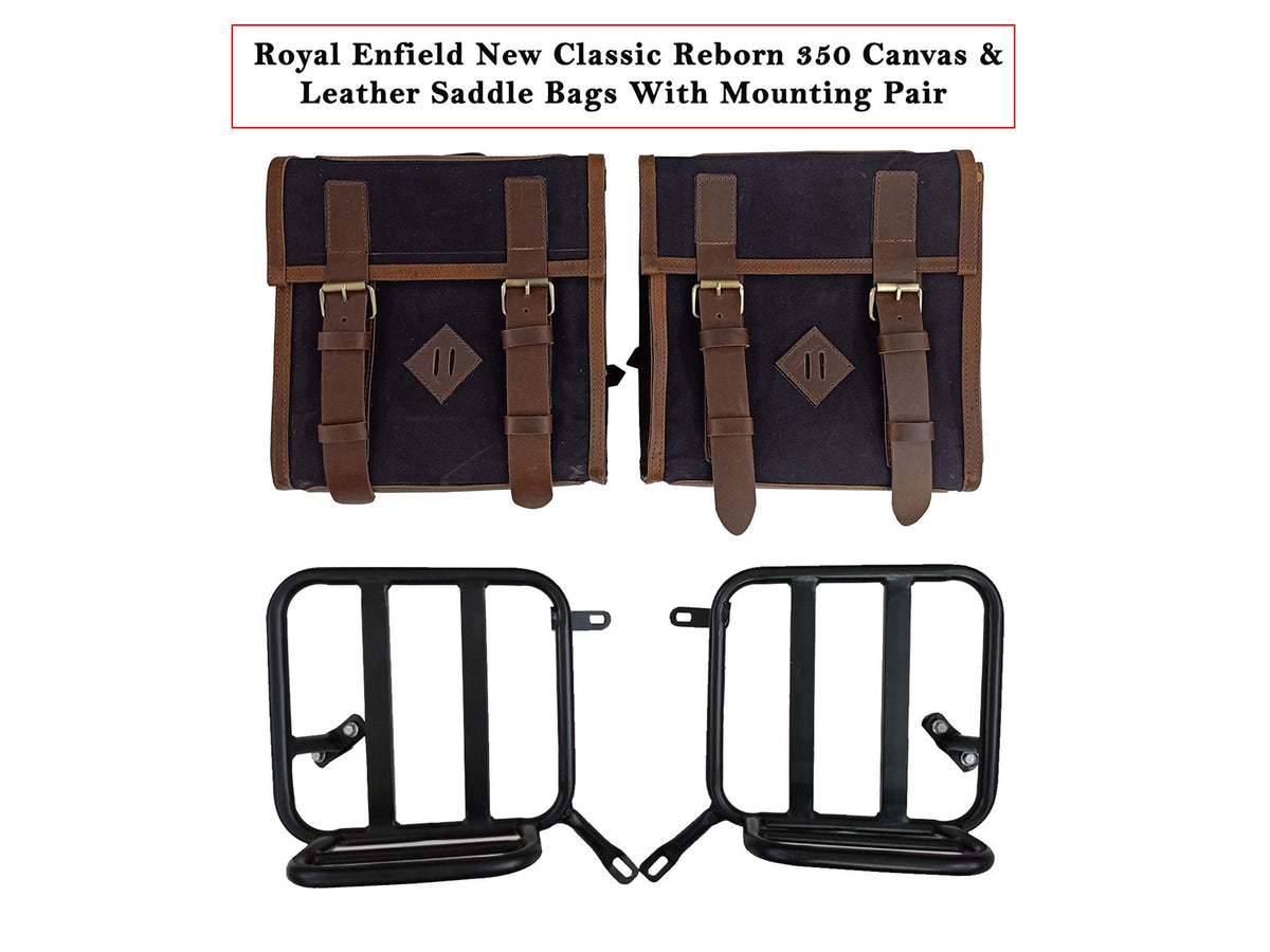 For Royal Enfield Classic Reborn 350 Leather & Canvas Pannier Bags And Mounting D5