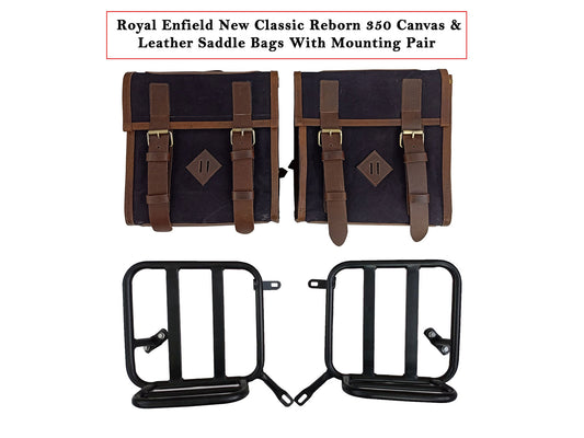 For Royal Enfield Classic Reborn 350 Leather & Canvas Pannier Bags And Mounting D5