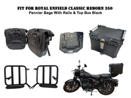 Fit For Royal Enfield Classic Reborn 350 Pannier Bags With Rails & Top Box Black