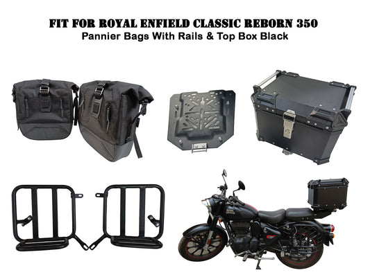 Fit For Royal Enfield Classic Reborn 350 Pannier Bags With Rails & Top Box Black