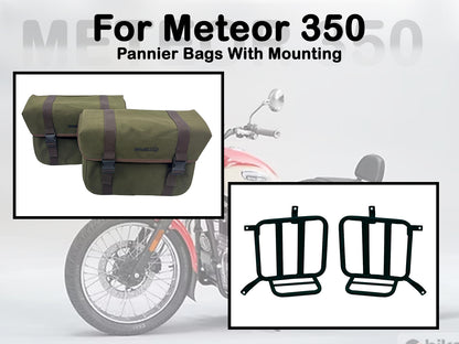 Fit For Royal Enfield Meteor 350 Canvas Pannier Bags & Mounting Olive Color D22