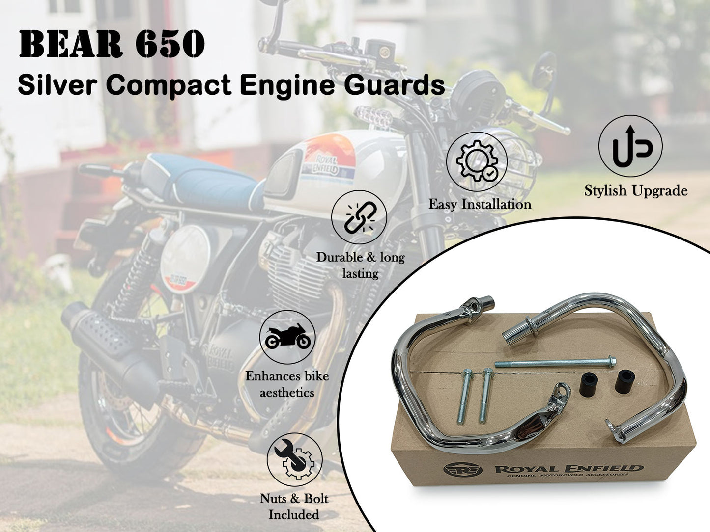 Genuine Royal Enfield Bear 650 Compact Engine Guard, Silver 1990503