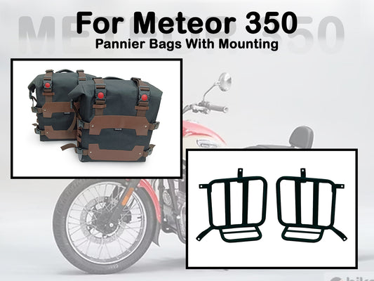 Fit For Royal Enfield Meteor 350 Canvas Pannier Bags & Mounting Black & Brown D32