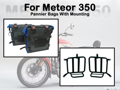 Fit For Royal Enfield Meteor 350 Canvas Pannier Bags & Mounting Black & Blue D33