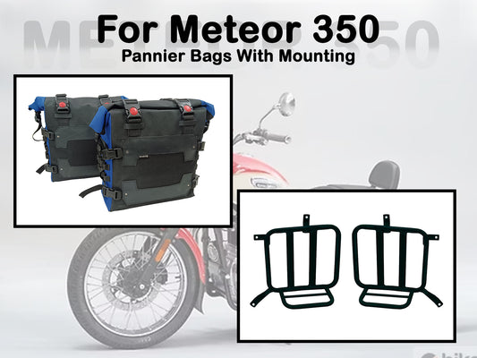 Fit For Royal Enfield Meteor 350 Canvas Pannier Bags & Mounting Black & Blue D33