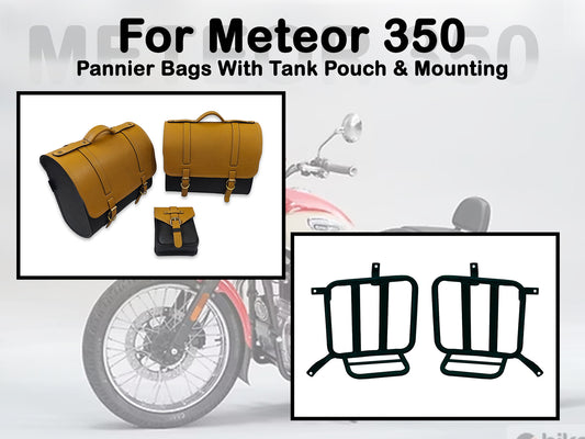 Fit For Royal Enfield Meteor 350 Leather Pannier Bags With Tank Pouch & Mounting D1