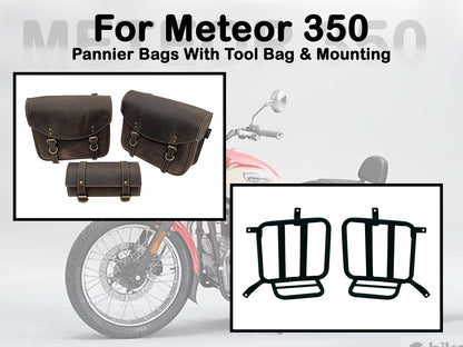 Fit For Royal Enfield Meteor 350 Leather Pannier Bags With Tank Pouch & Mounting D4