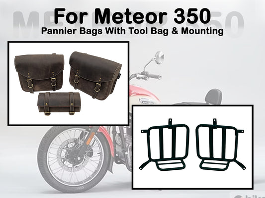 Fit For Royal Enfield Meteor 350 Leather Pannier Bags With Tank Pouch & Mounting D4