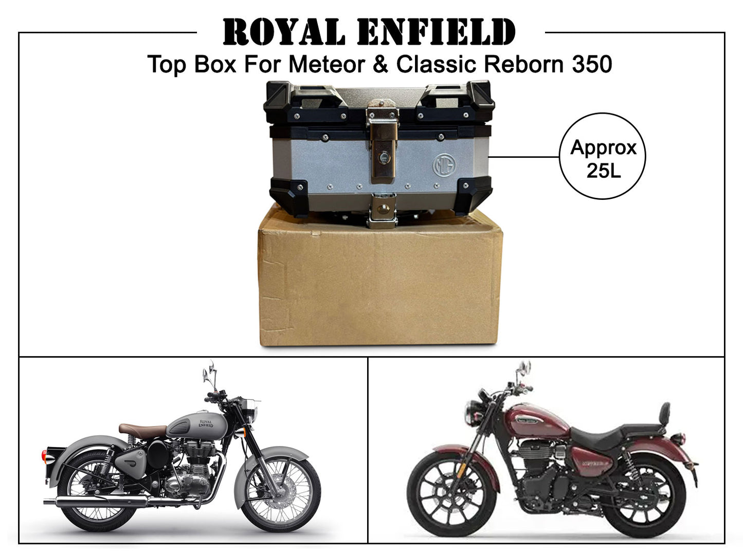 Fit For Royal Enfield Meteor 350 Pannier Top Box Black & Silver 25L
