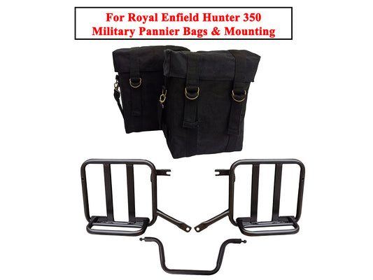 For Royal Enfield Hunter 350 Black Color Military Pannier Bags & Mounting
