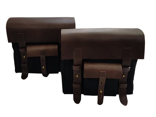 For Royal Enfield Hunter 350 Leather & Canvas Pannier Bags Pair Black & Brown D3
