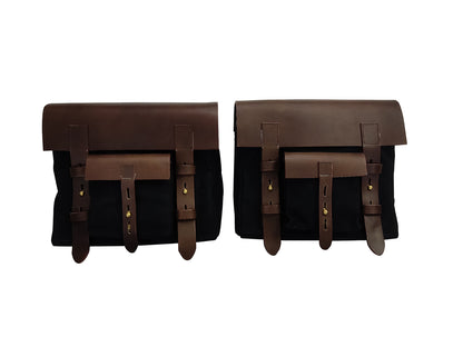 For Royal Enfield Hunter 350 Leather & Canvas Pannier Bags Pair Black & Brown D3