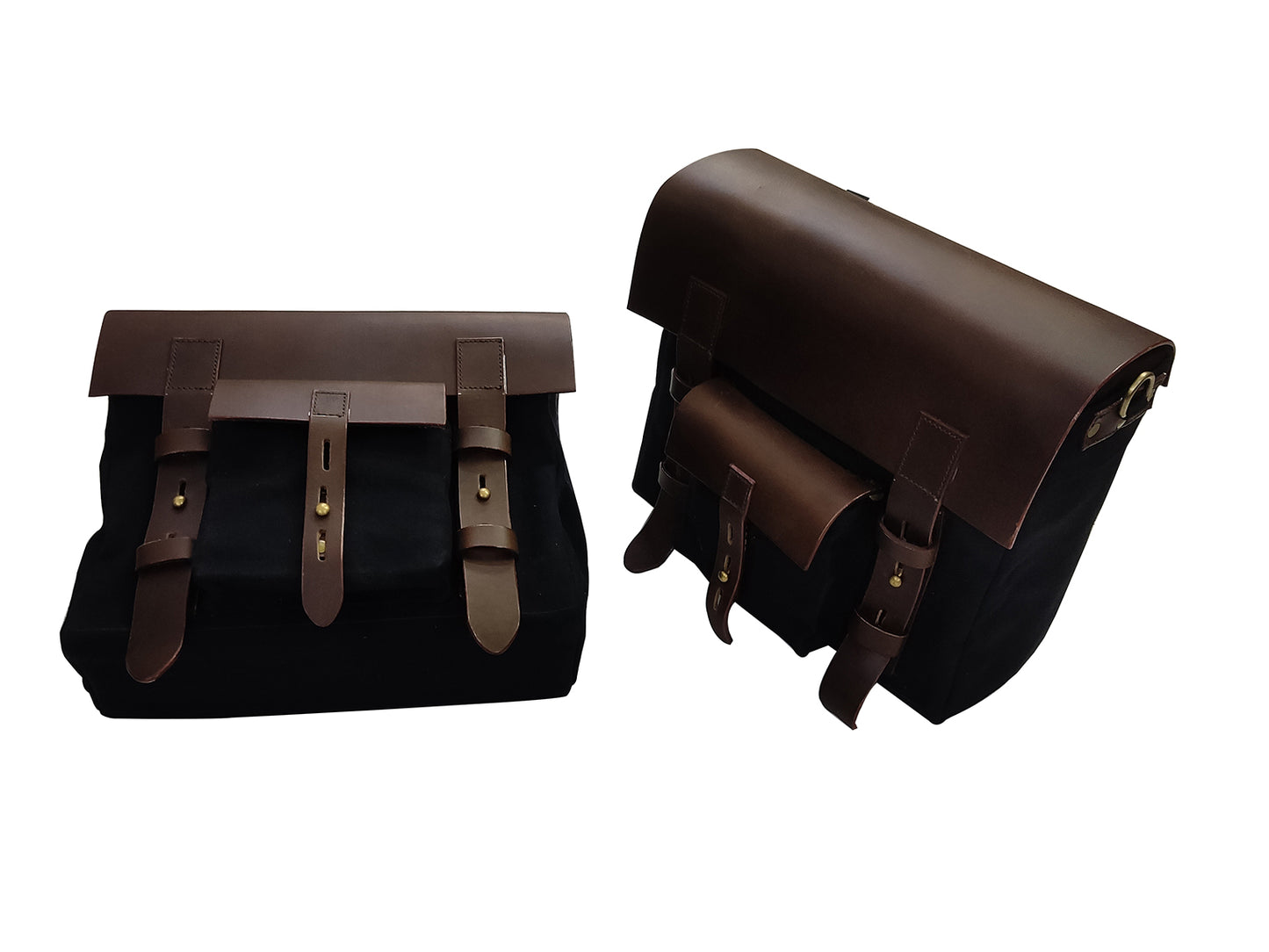 For Royal Enfield Hunter 350 Leather & Canvas Pannier Bags Pair Black & Brown D3