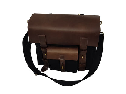 For Royal Enfield Hunter 350 Leather & Canvas Pannier Bags Pair Black & Brown D3