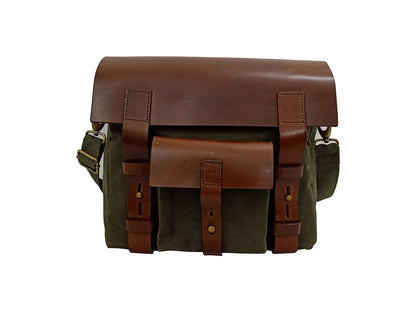 For Royal Enfield Hunter 350 Leather & Canvas Pannier Bags Pair Olive Green D4