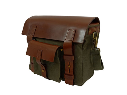 For Royal Enfield Hunter 350 Leather & Canvas Pannier Bags Pair Olive Green D4
