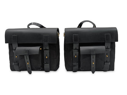 For Royal Enfield Hunter 350 Leather & Canvas Pannier Bags Pair Black D5